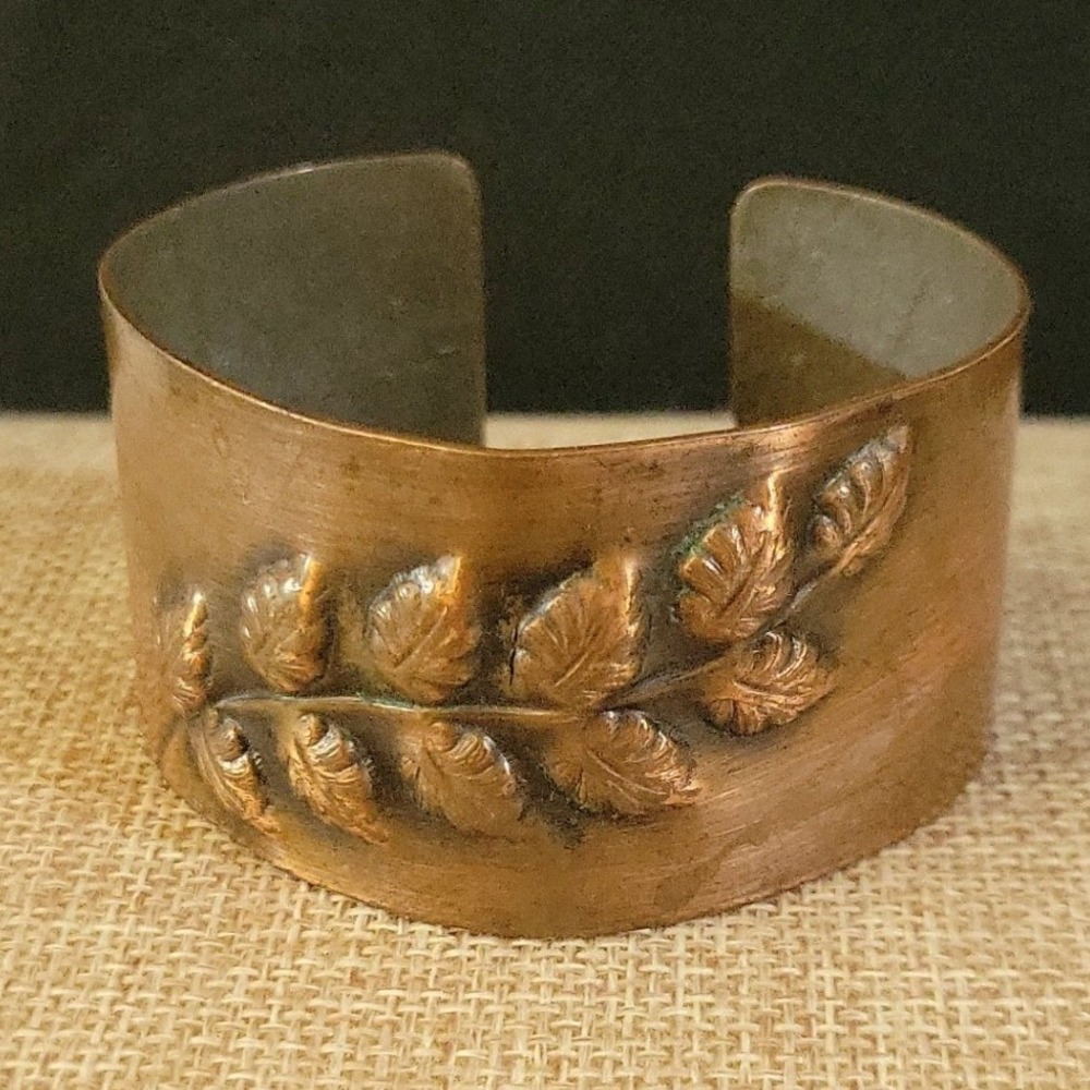 Vintage Signed Rebajes Copper Cuff Bracelet Repousse Raised Leaf Branch Pattern